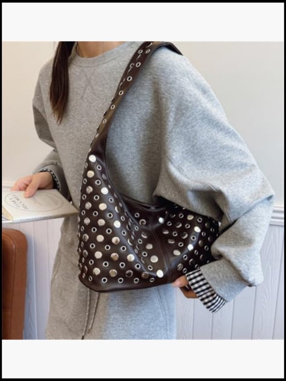 Studded Shoulder Bag Slouchy Hobo Handbag Faux Leather Satchel Purse Trendy - Picture 7 of 7